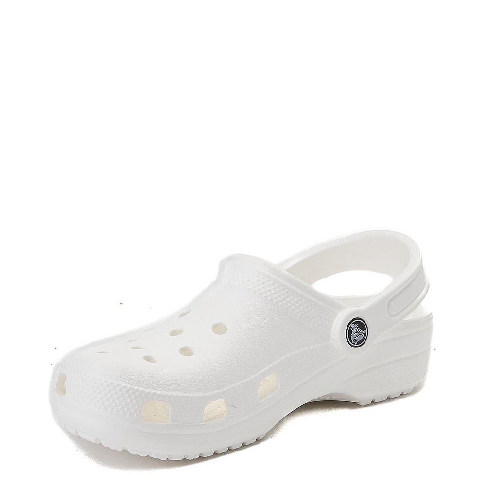 white crocs with rainbow writing