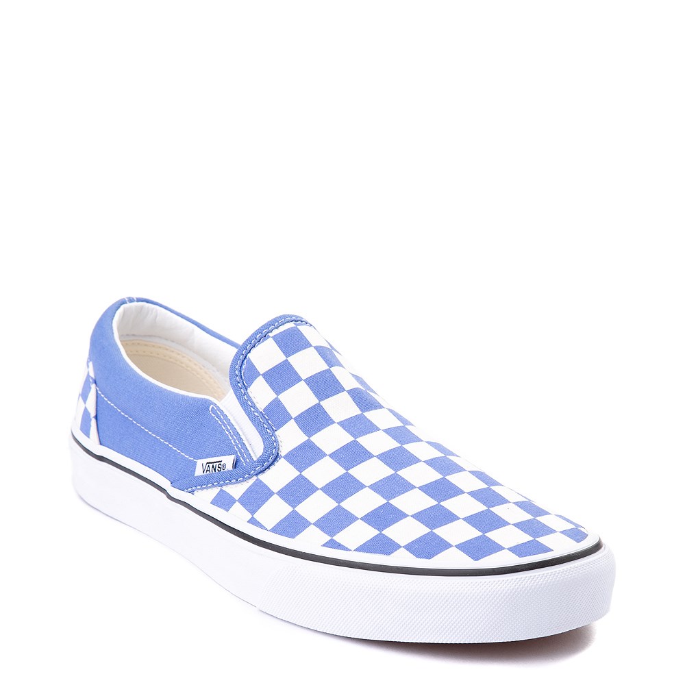 blue checkerboard slip on vans