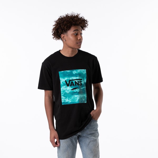 T-shirt Vans à logo encadré pour hommes — Noir/Bleu corail