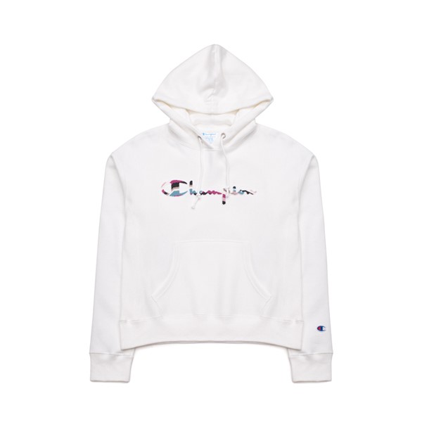 Main view of Womens Champion Script Reverse Weave Cropped Hoodie - White / Multicolor