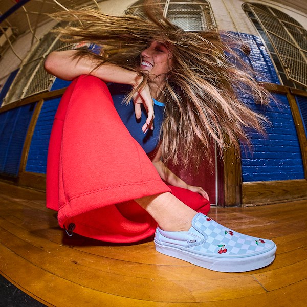 alternate view Vans Classic Slip-On Cherries & Checkers Skate Shoe - Light Blue / True WhiteALT1B