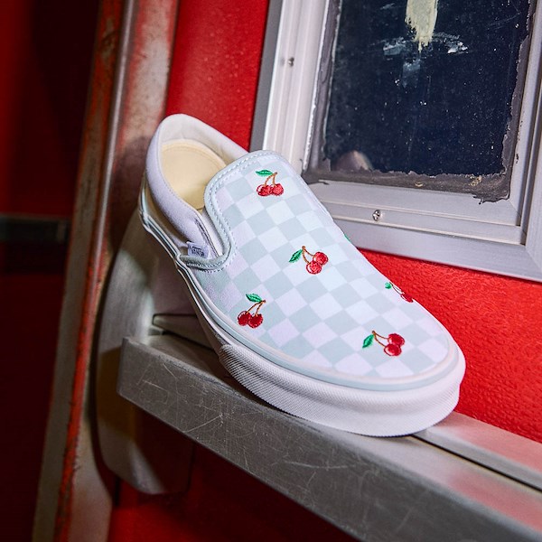 alternate view Vans Classic Slip-On Cherries & Checkers Skate Shoe - Light Blue / True WhiteHERO